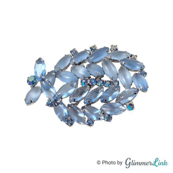 VTG Blue Navette & Aurora Borealis Rhinestones Silver Tone Mid Century Brooch - Picture 2 of 11